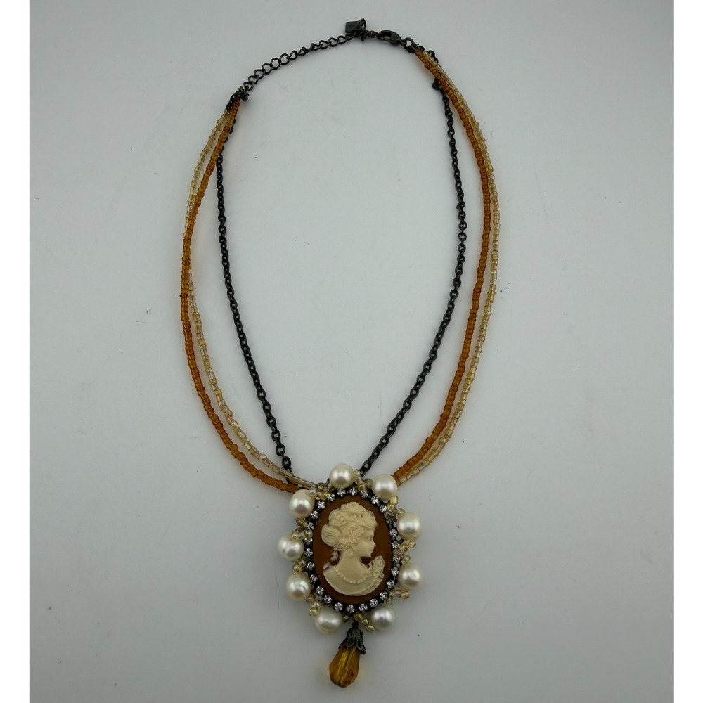 Cookie Lee Cameo Necklace Brown Excellent Multi-Strand Pearl Rhinestone Vintage